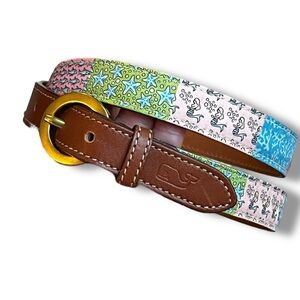 Vineyard Vines Skinny Belt Silk Patchwork Mixed Print Leather Ends Preppy Medium